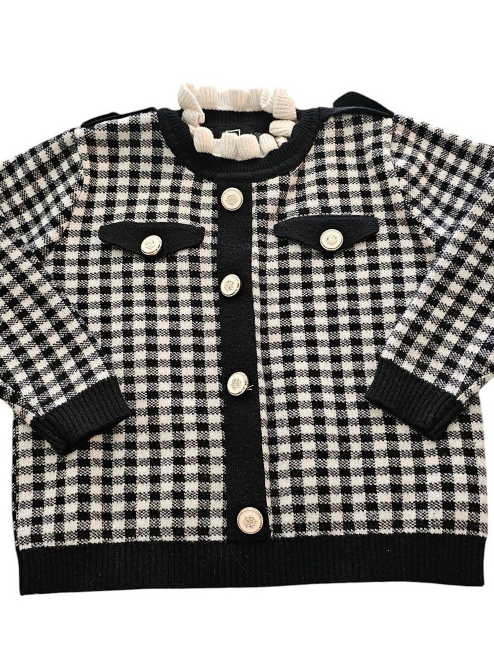 Vintage Y2K Girls Sz 6/7 Cardigan Sweater Black White Gingham Academia Core